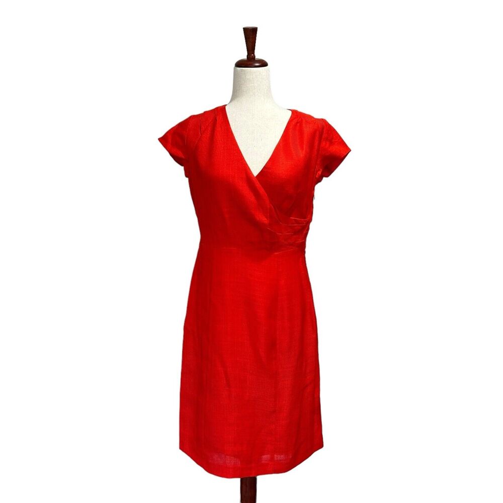 Boden 6R Dress Women's V-Neck Pencil Sheath Midi Short‎ Sleeve Faux Linen Classy